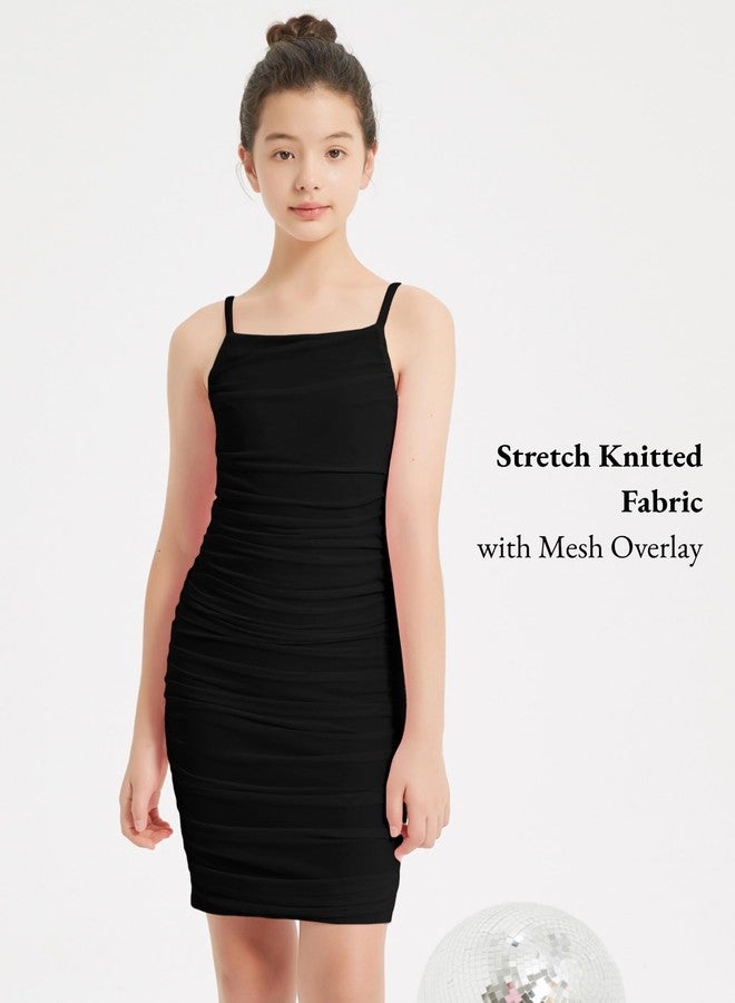 EXARUS فستان قصير ضيق من إكساروس للبنات، مناسب لحفلات الرقص المدرسية الرسمية، بتصميم ضيق من قماش شبكي مكشكش وحمالات رفيعة، باللون الأسود، مقاس 10 سنوات. - Image 2